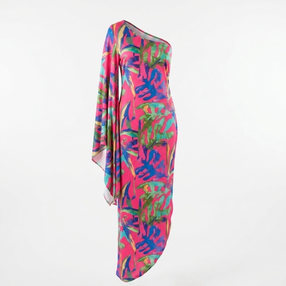 Tropical Monstera One Shoulder Asymmetric Maxi Dress XL‎ Pink Teal Vacation